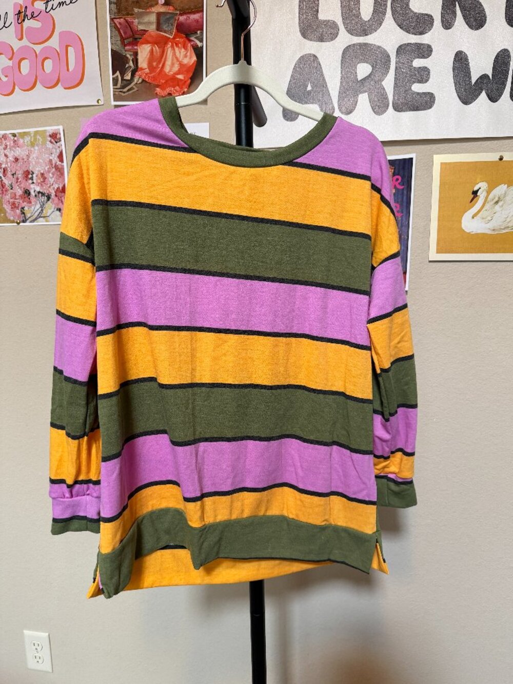 BiBi Retro Multi Color Stripe Long Sleeve Drop Shoulder Top Olive Purple M NWOT